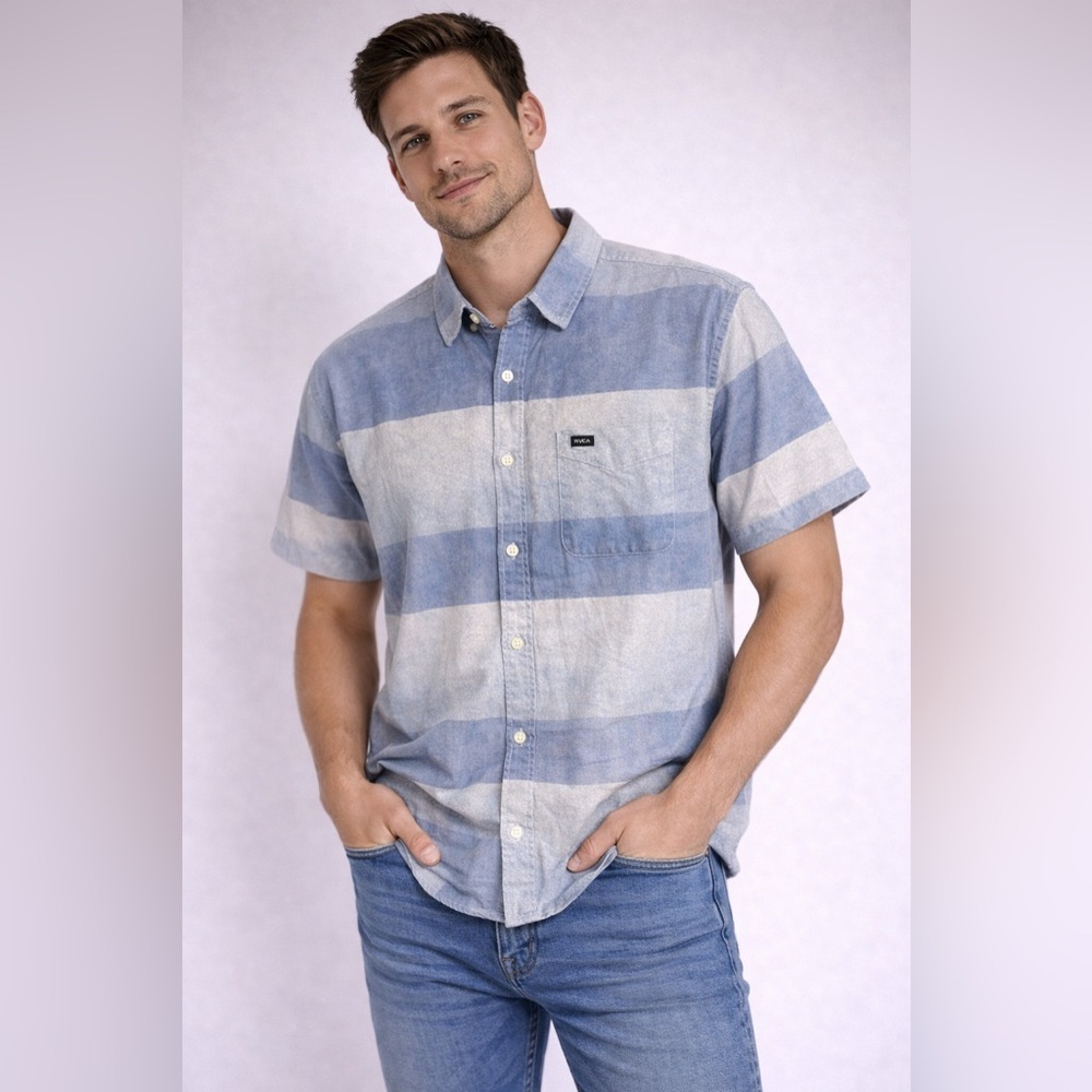 RVCA Men’s Short Sleeve Button-Down Shirt Striped Blue Grey Size M